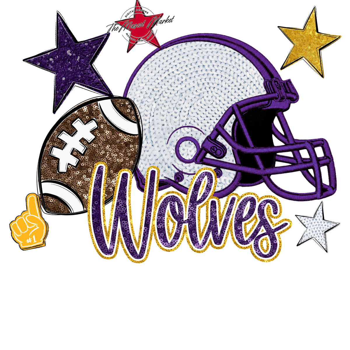 Wolves Football Embroidered Sequins Design-Purple & Yellow