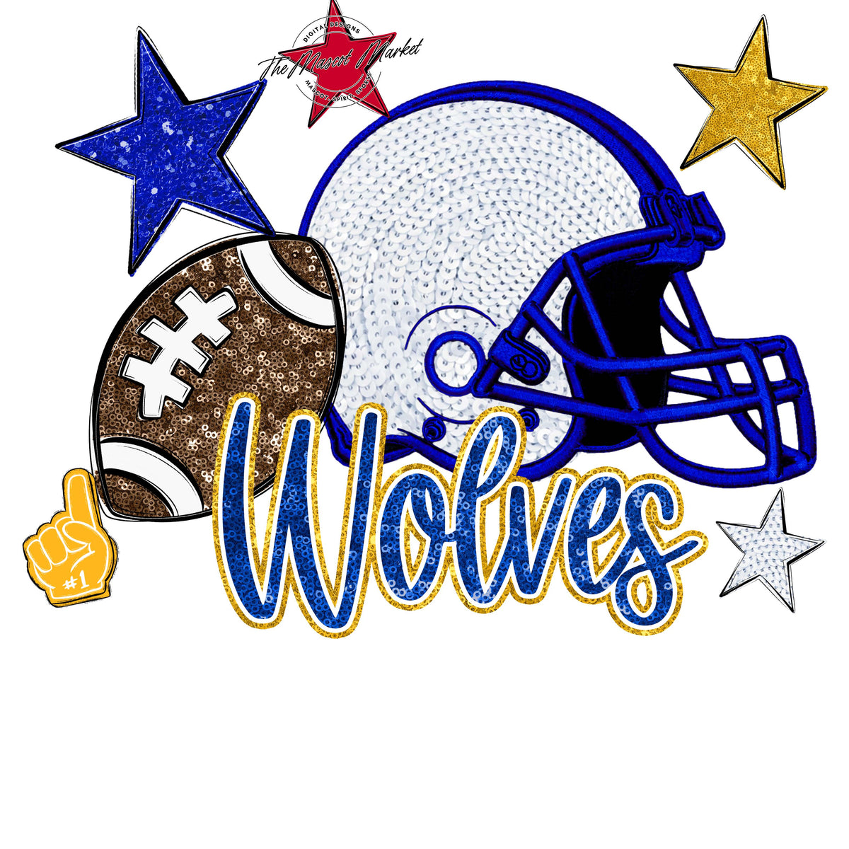 Wolves Football Embroidered Sequins Design-Royal Blue & Yellow