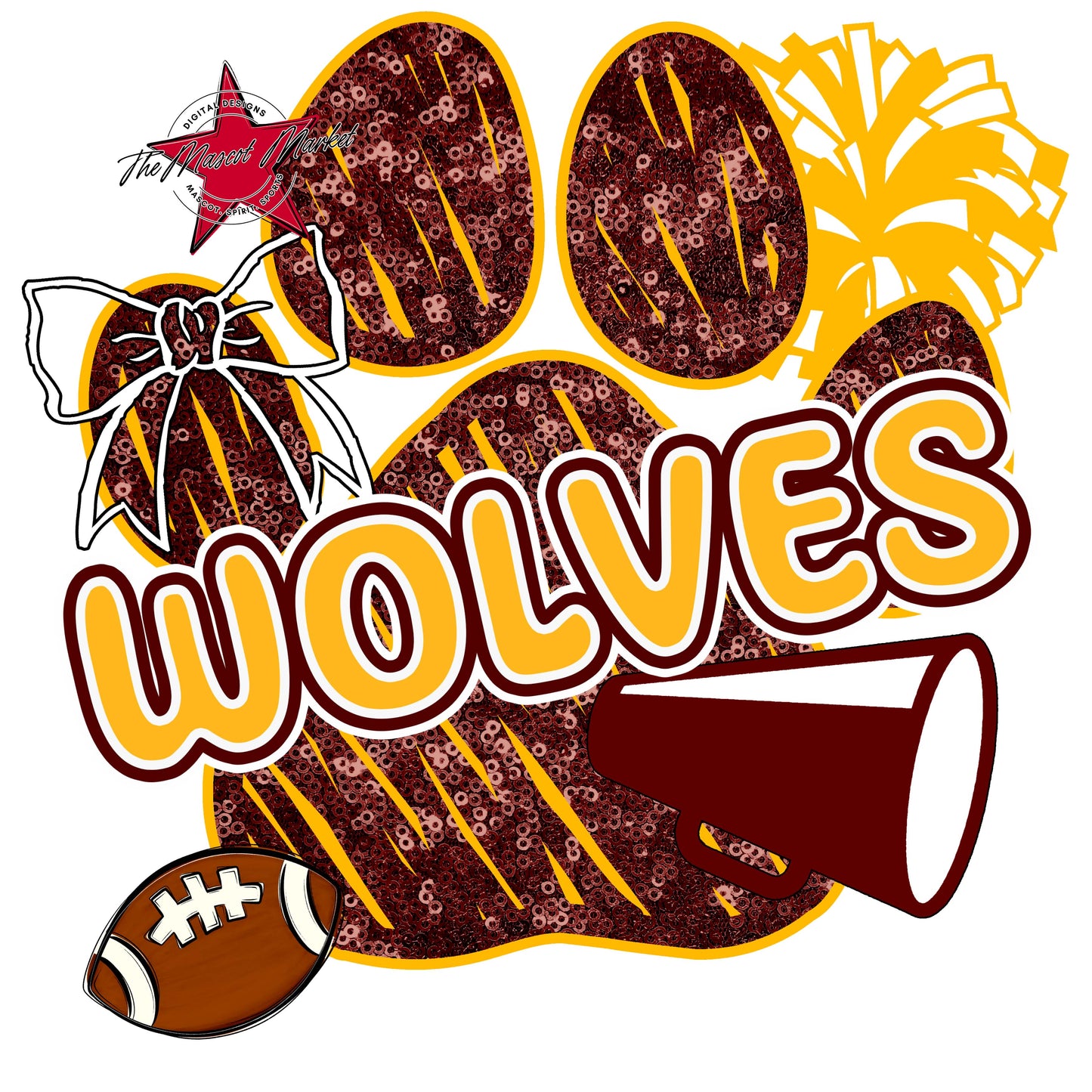 Wolves Sequins Paw Print Design-Maroon & Yellow