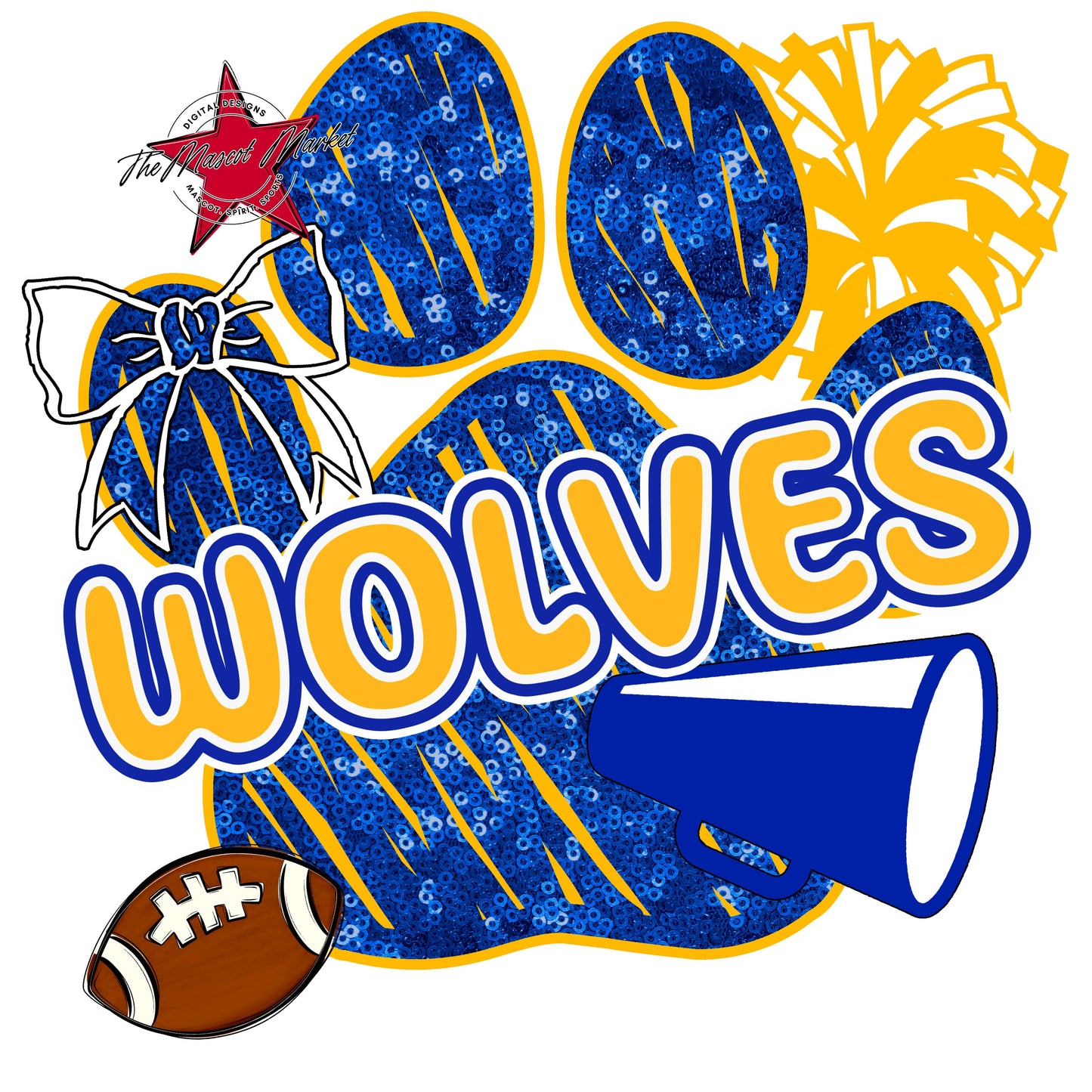 Wolves Sequins Paw Print Design-Royal Blue & Yellow
