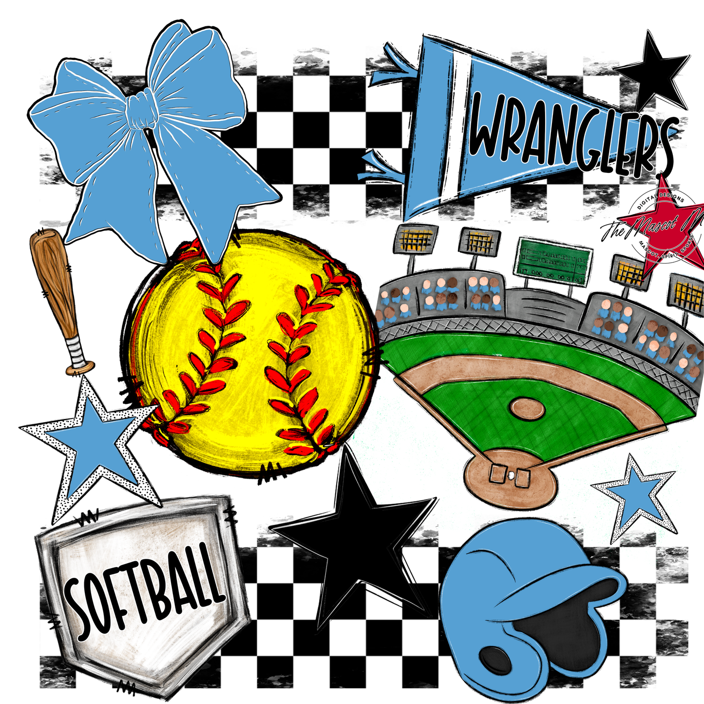 Wranglers Checkers Softball Spirit Design-Carolina Blue