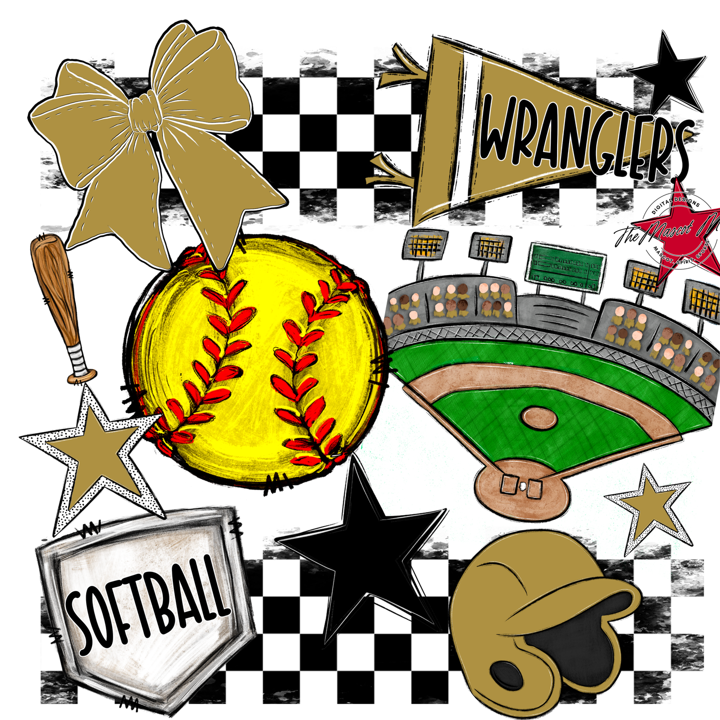 Wranglers Checkers Softball Spirit Design-Gold