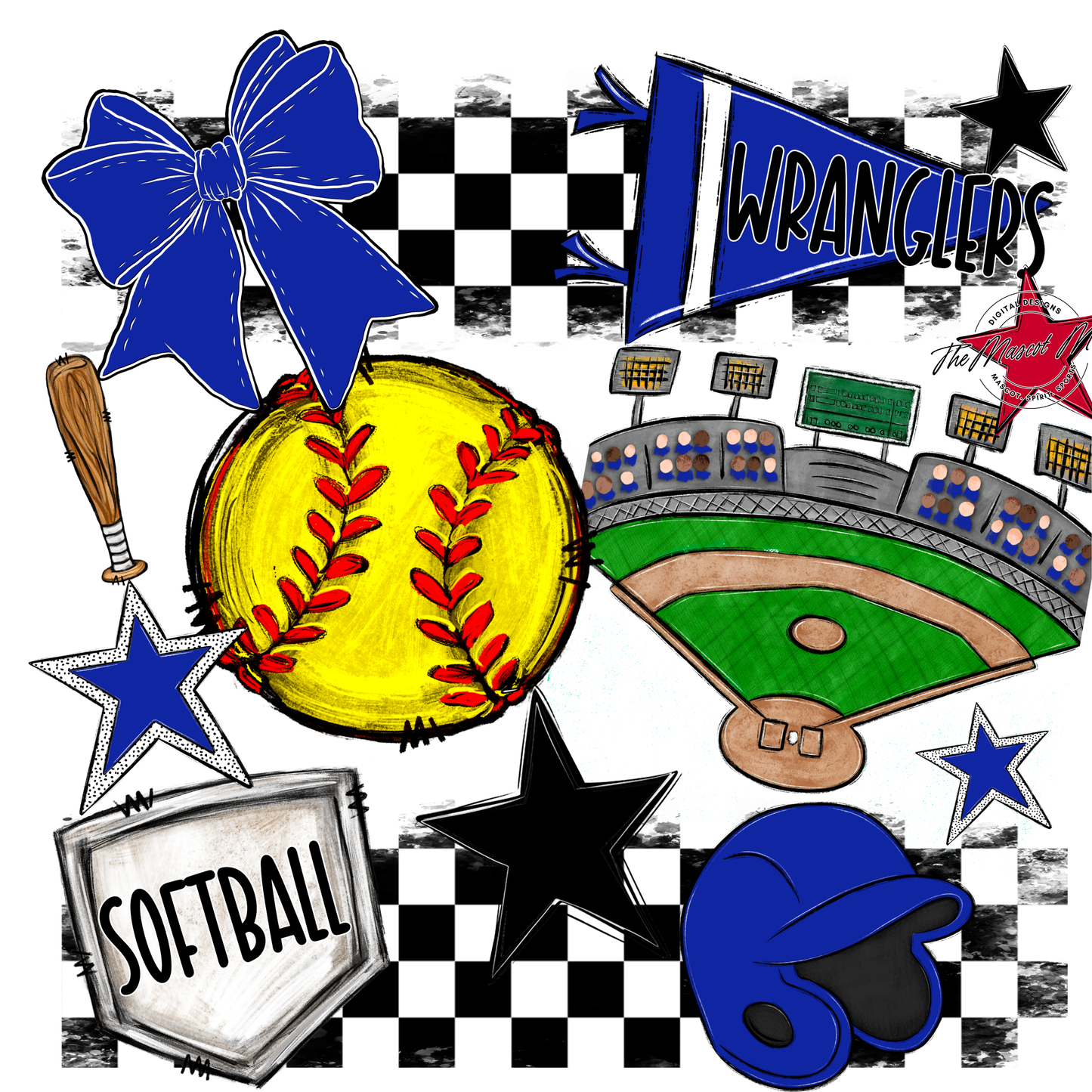 Wranglers Checkers Softball Spirit Design-Royal Blue
