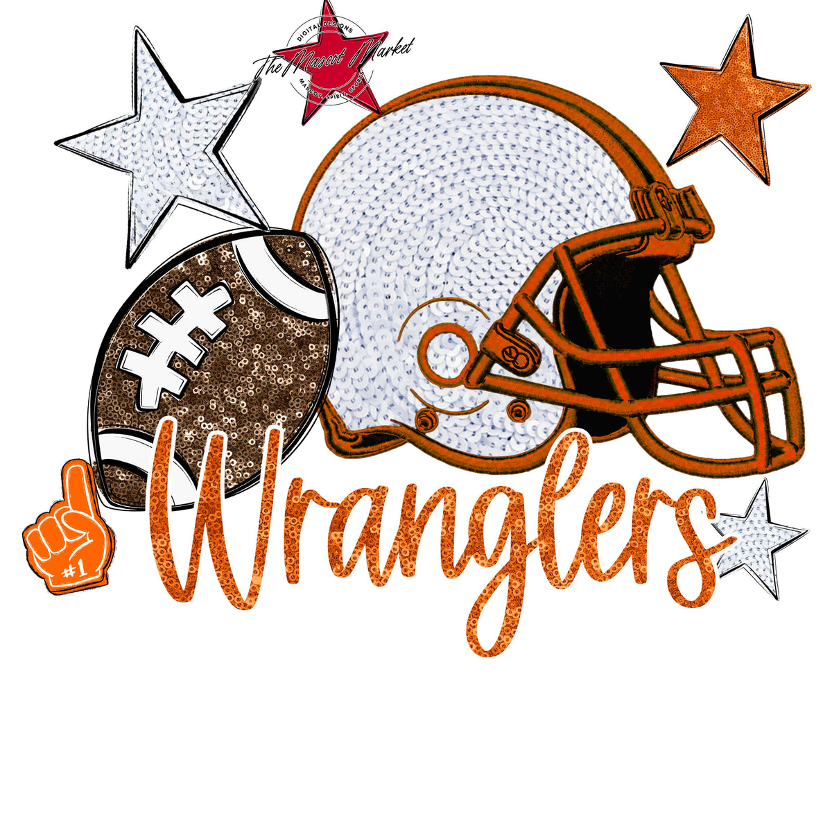 Wranglers Football Embroidered Sequins Design-Orange