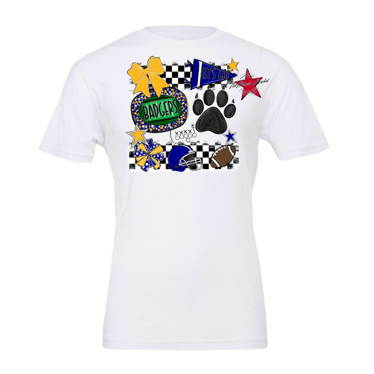 Badgers Checkers Mascot Spirit Design w Paw-Blue-Yellow