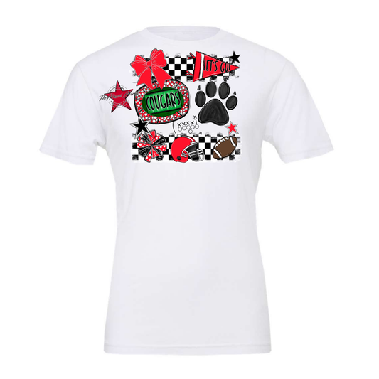 Cougars Checkers Mascot Spirit Design w Paw-Bright Red