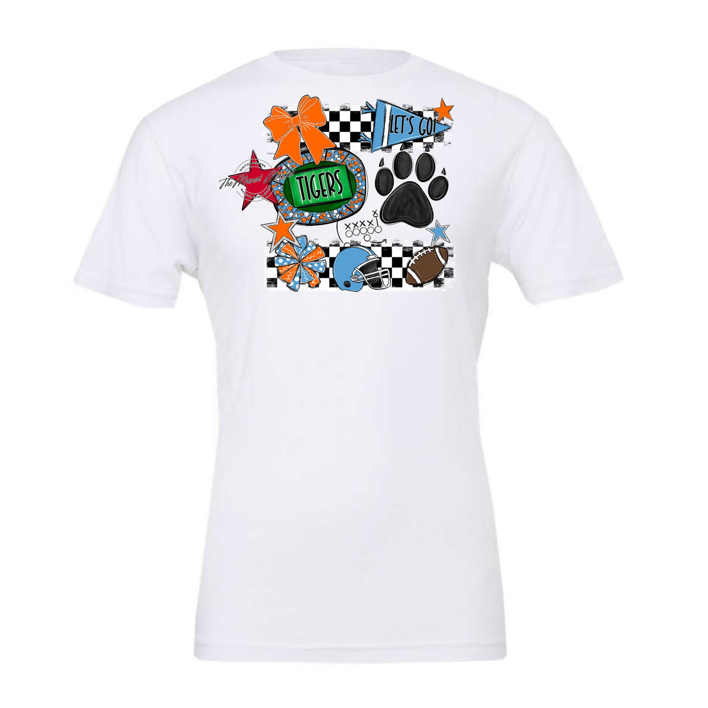 Tigers Checkers Mascot Spirit Design w Paw-Carolina Blue-Orange