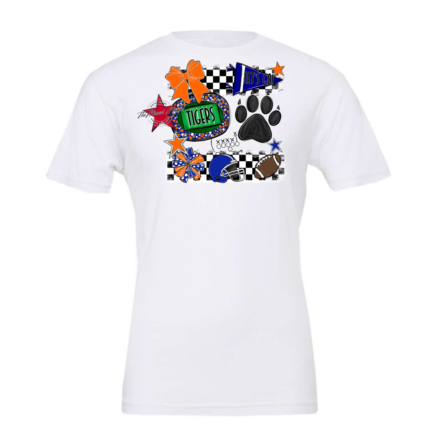 Tigers Checkers Mascot Spirit Design w Paw-Royal Blue-Orange