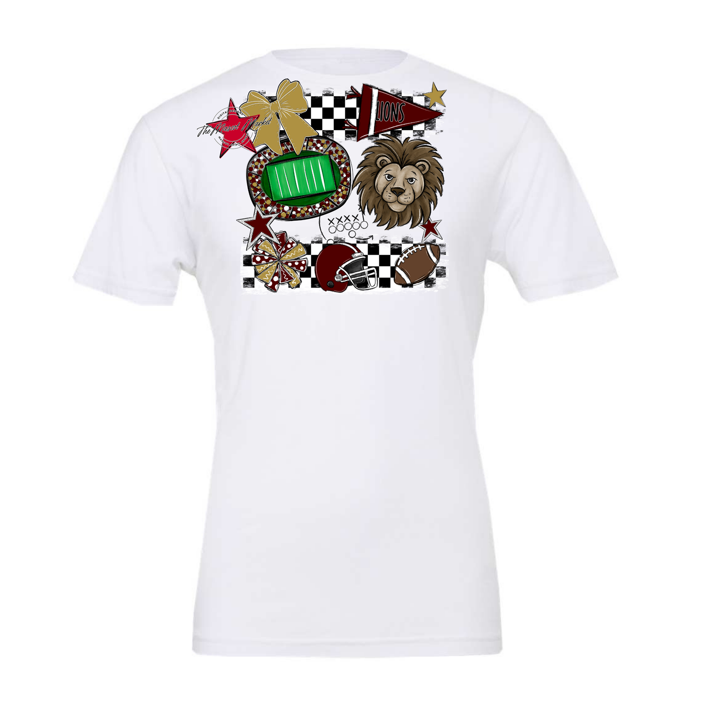 Lions Checkers Mascot Spirit Design-Maroon-Gold