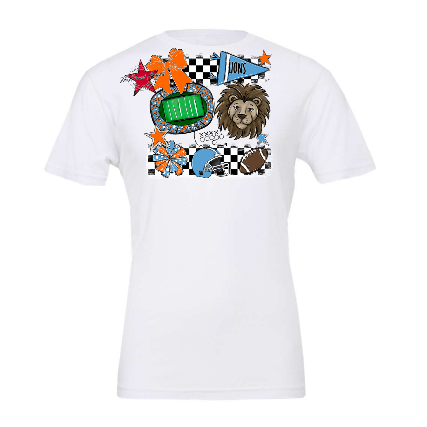 Lions Checkers Mascot Spirit Design-Carolina Blue-Orange