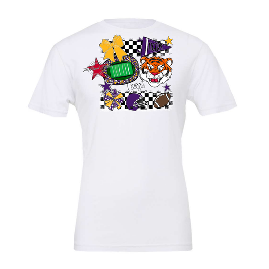 Tigers Checkers Mascot Spirit Design-Purple-Yellow