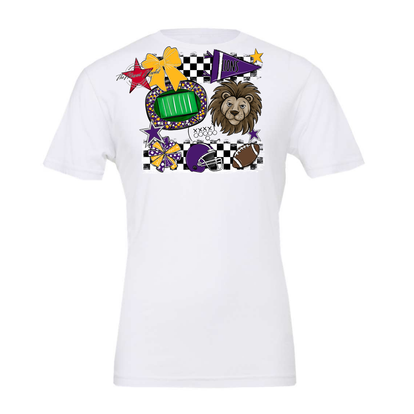 Lions Checkers Mascot Spirit Design-Purple-Yellow