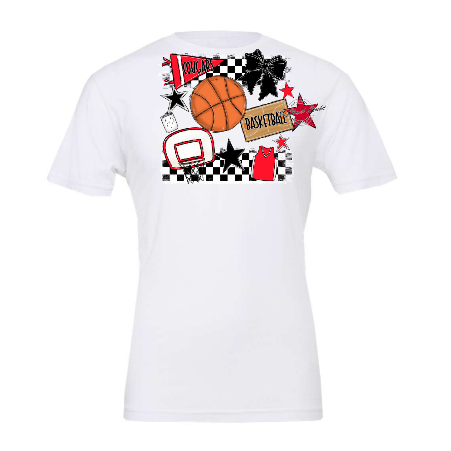 Cougars Checkers Basketball Spirit Design-Bright Red