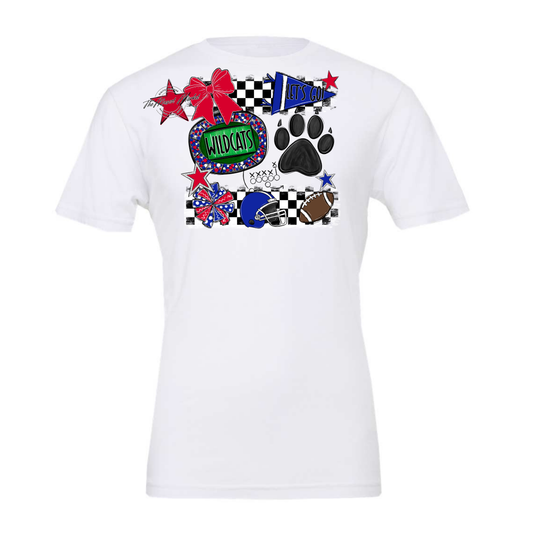 Wildcats Checkers Mascot Spirit Design w Paw-Royal Blue-Red