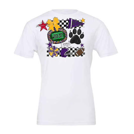 Wildcats Checkers Mascot Spirit Design w Paw-Purple-Yellow