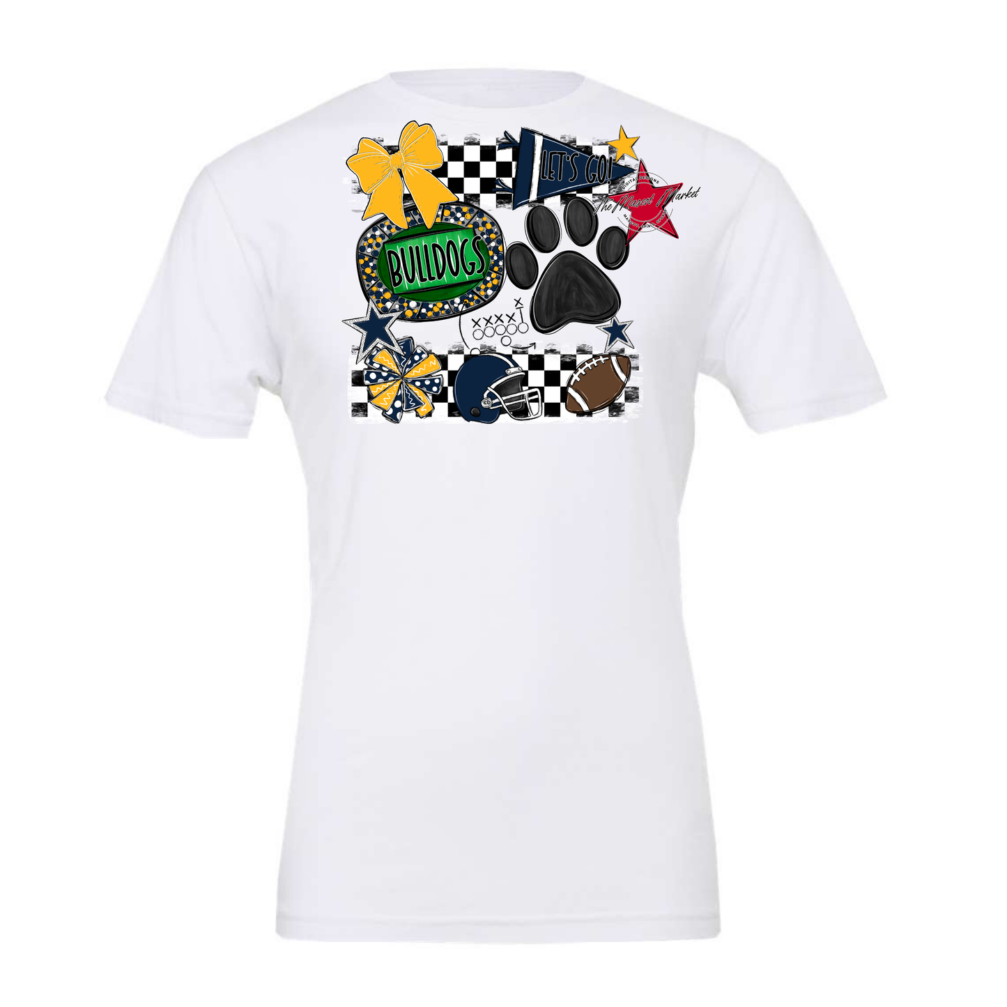 Bulldogs Checkers Mascot Spirit Design w Paw-Navy-Yellow