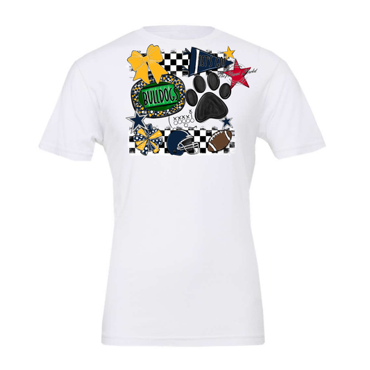 Bulldogs Checkers Mascot Spirit Design w Paw-Navy-Yellow