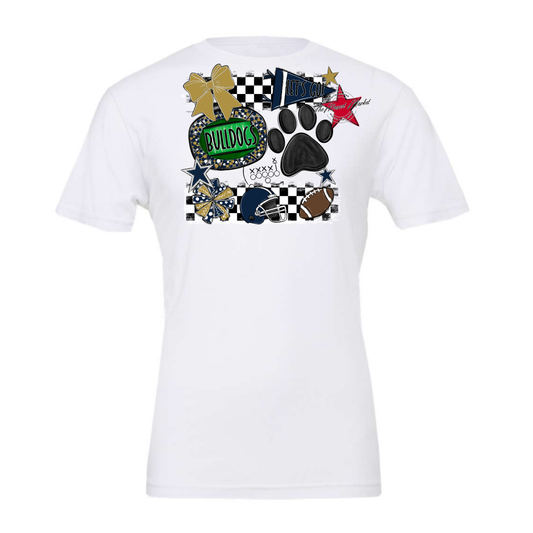 Bulldogs Checkers Mascot Spirit Design w Paw-Navy-Gold