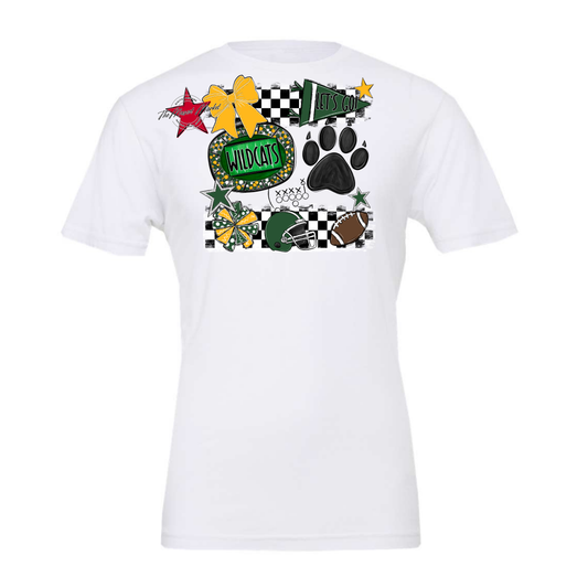 Wildcats Checkers Mascot Spirit Design w Paw-Green-Yellow