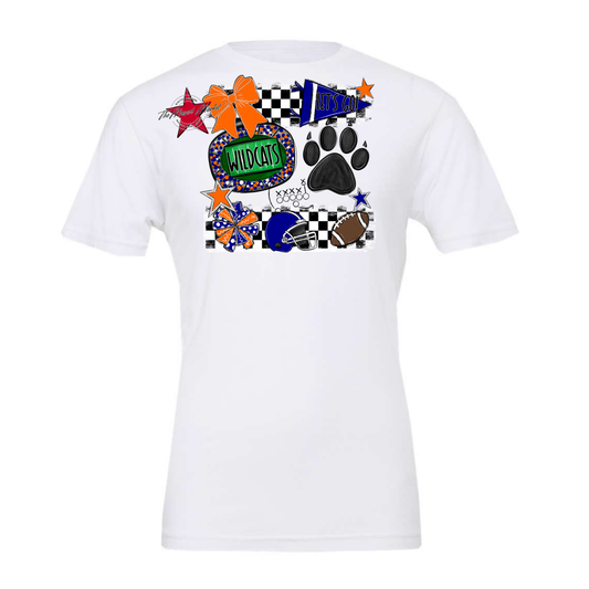 Wildcats Checkers Mascot Spirit Design w Paw-Blue-Orange