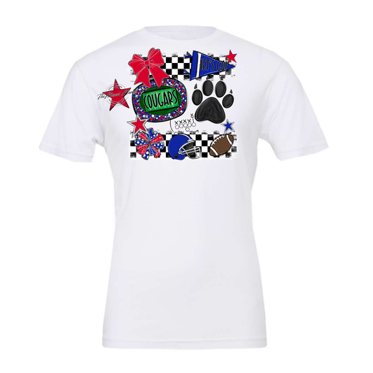 Cougars Checkers Mascot Spirit Design w Paw-Blue-Red