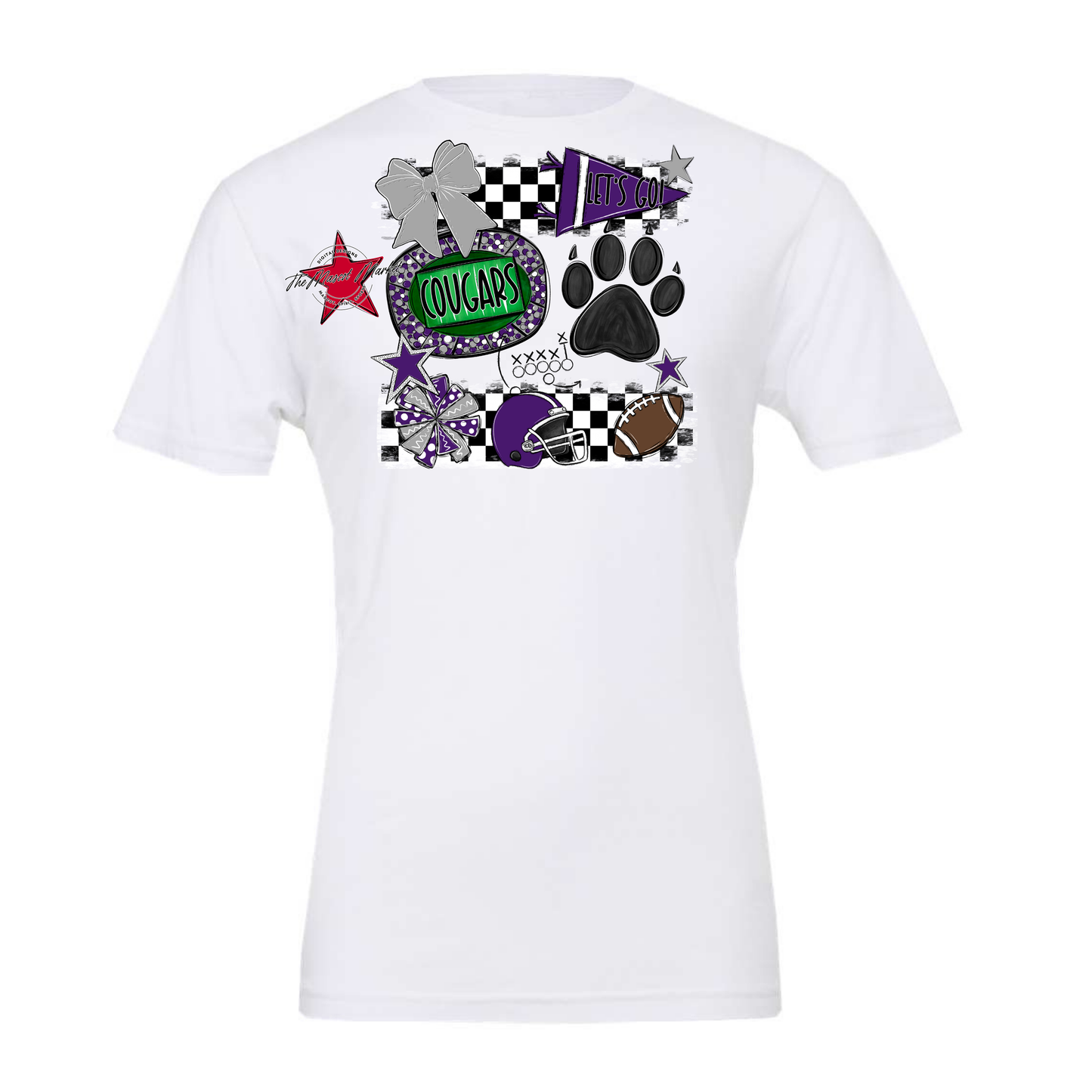 Cougars Checkers Mascot Spirit Design w Paw-Purple-Grey