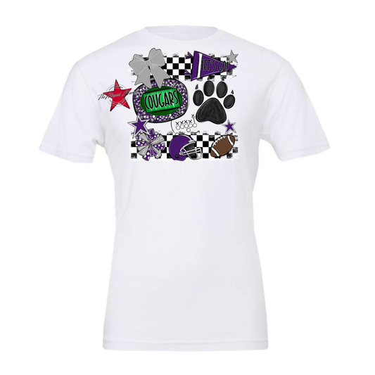 Cougars Checkers Mascot Spirit Design w Paw-Purple-Grey
