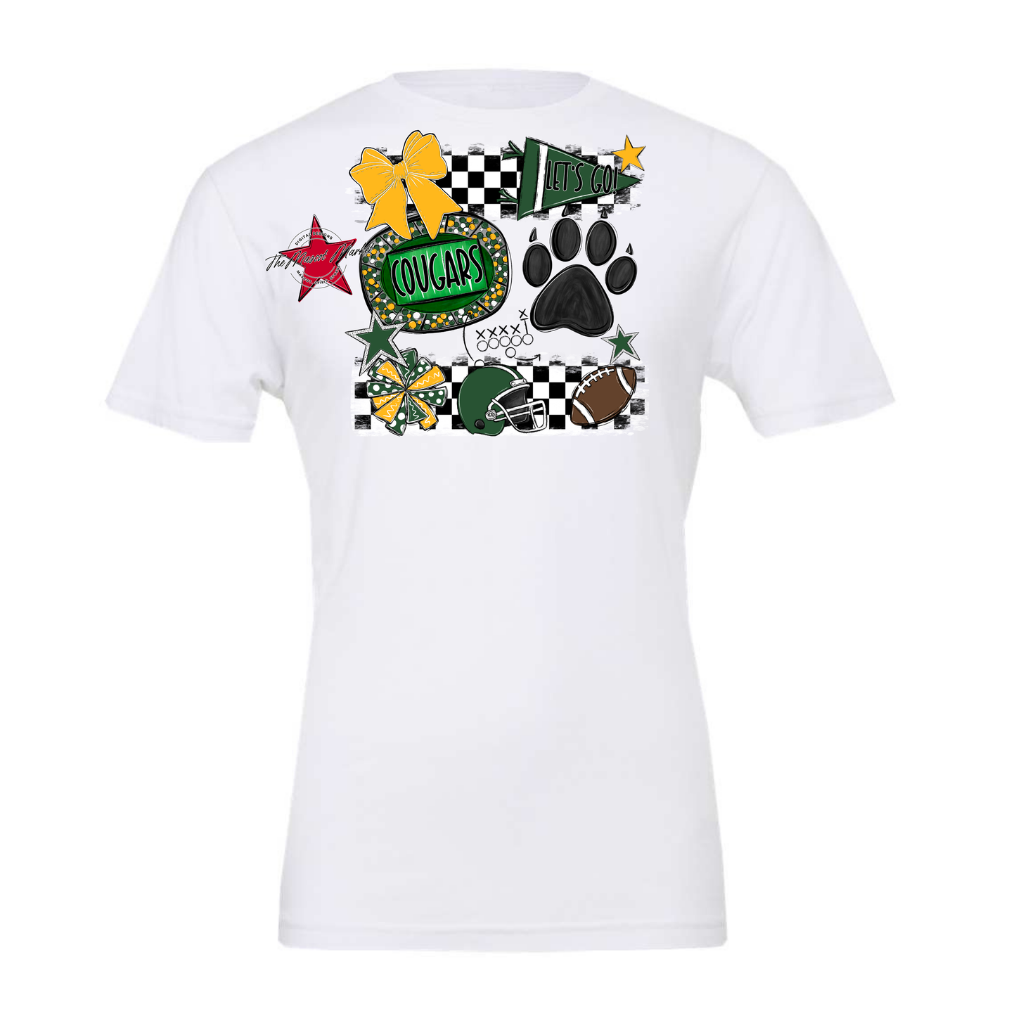 Cougars Checkers Mascot Spirit Design w Paw-Green-Yellow