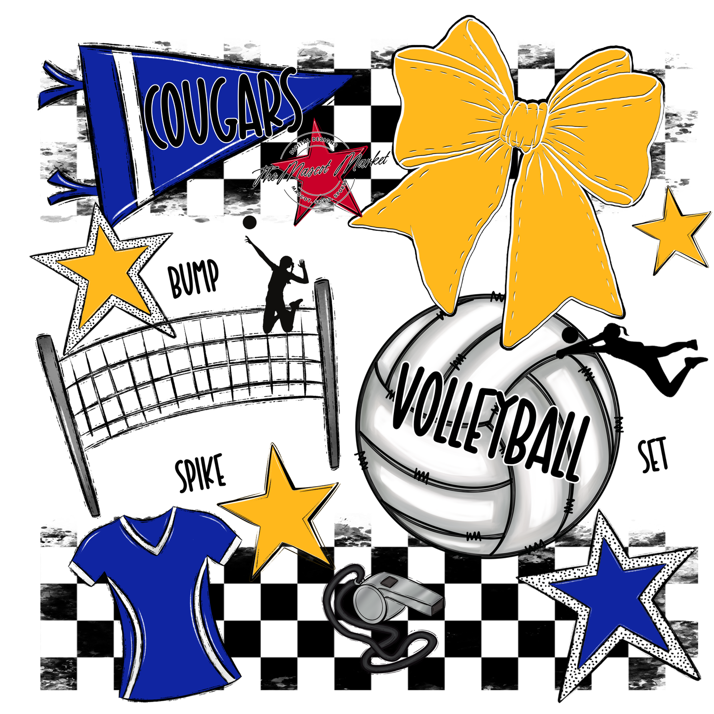 Cougars Checkers Volleyball Spirit Design-Royal Blue-Yellow