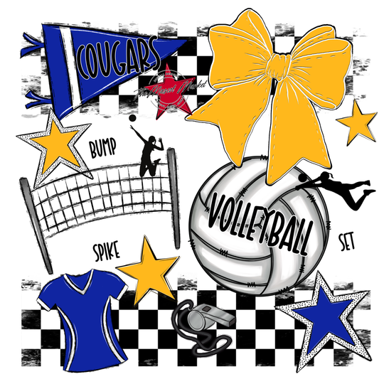 Cougars Checkers Volleyball Spirit Design-Royal Blue-Yellow
