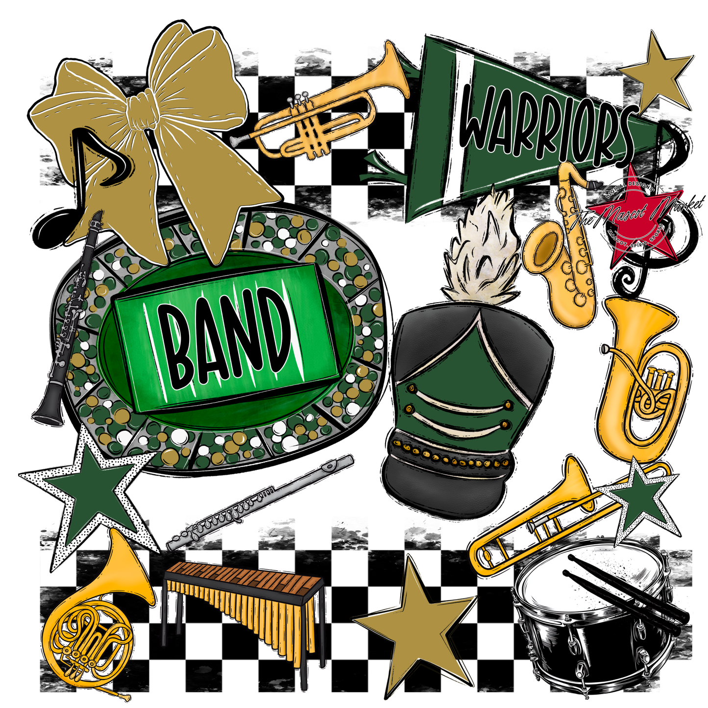 Warriors Checkers Band Spirit Design-Green-Gold