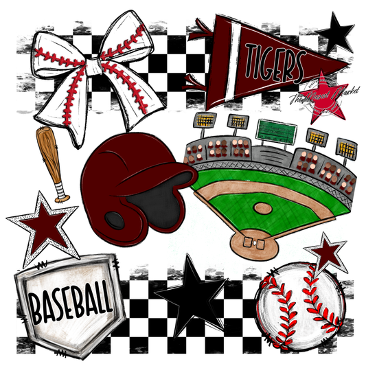 Tigers Checkers Baseball Spirit Design-Maroon