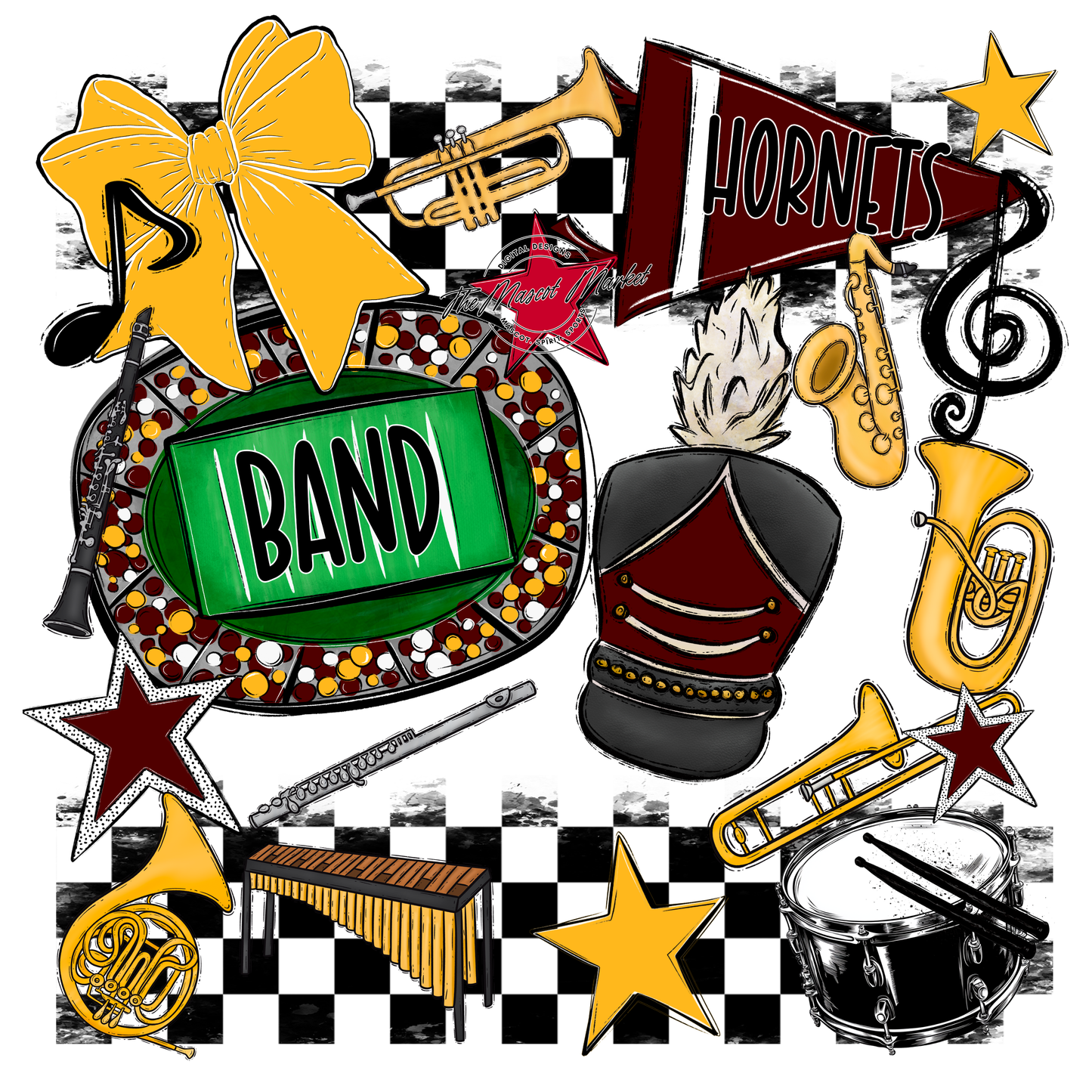 Hornets Checkers Band Spirit Design-Maroon-Yellow