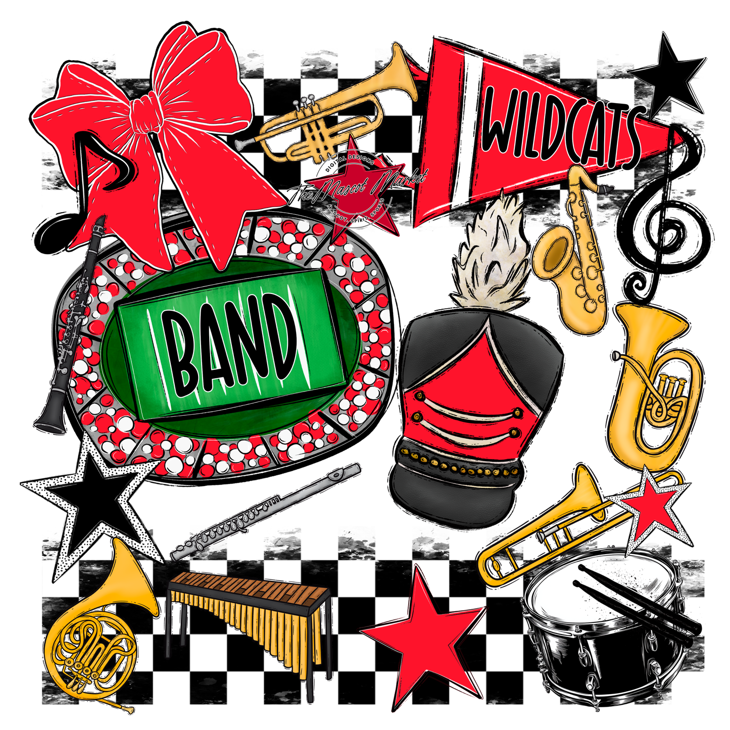 Wildcats Checkers Band Spirit Design-Bright Red