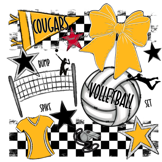Cougars Checkers Volleyball Spirit Design-Yellow