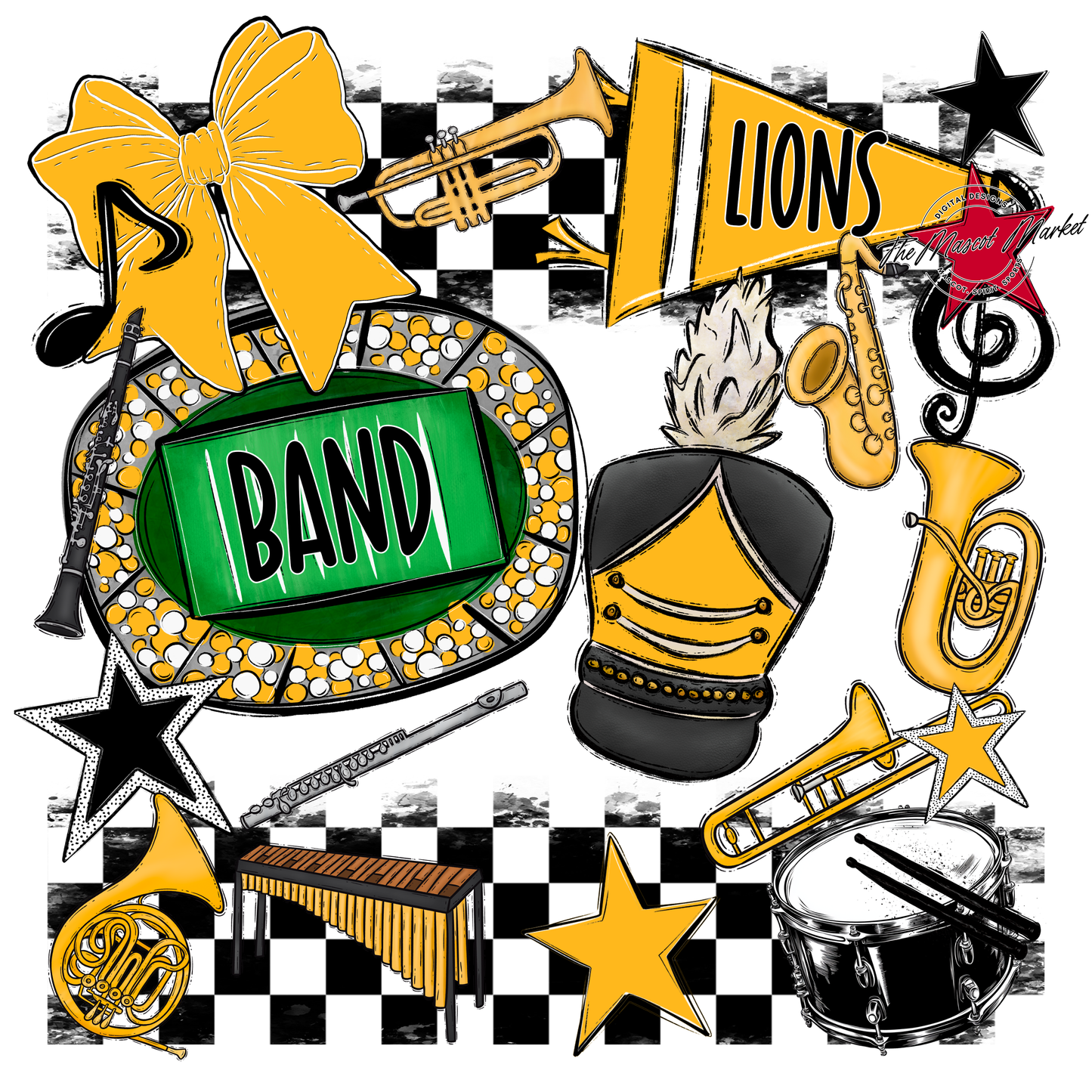 Lions Checkers Band Spirit Design-Yellow