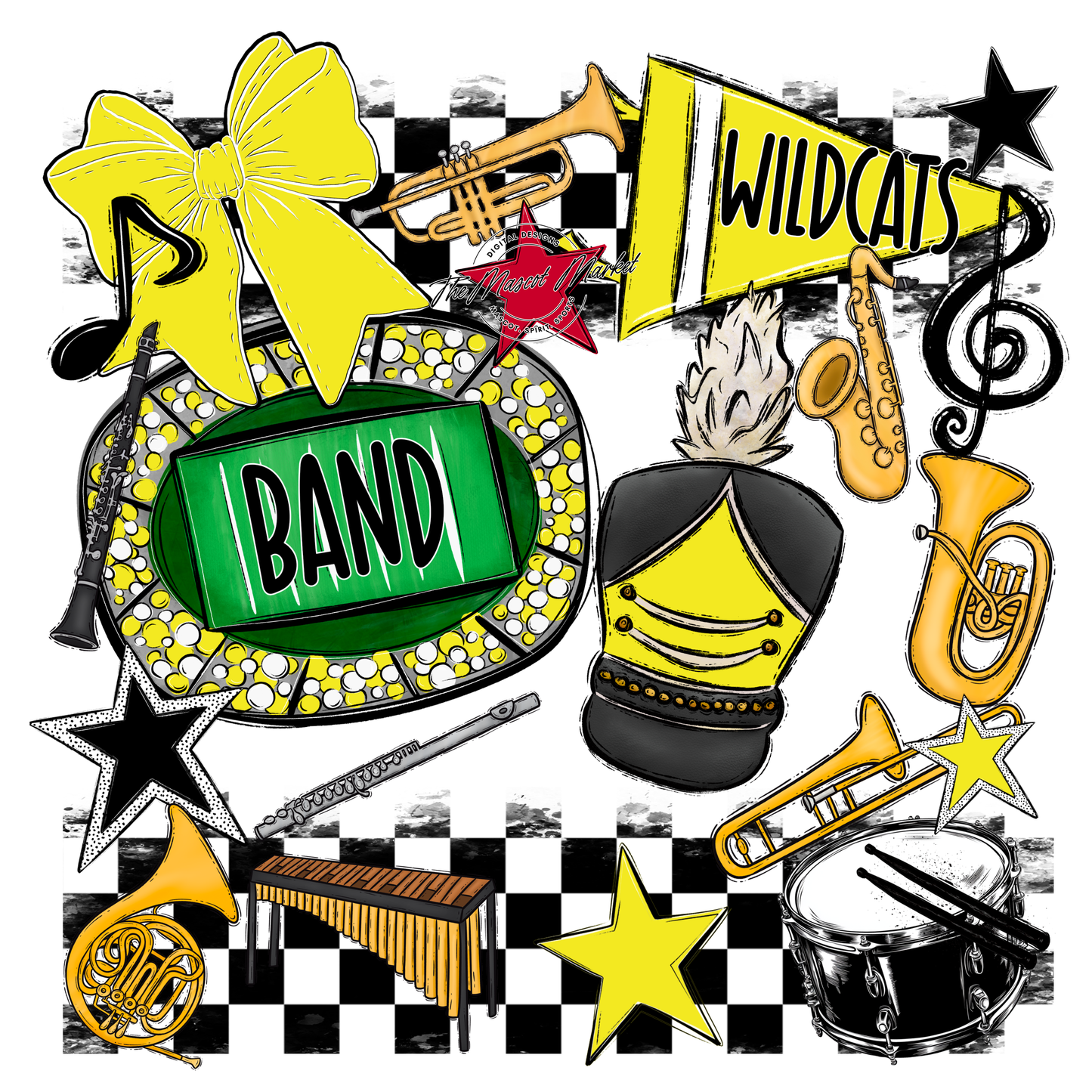 Wildcats Checkers Band Spirit Design-Bright Yellow