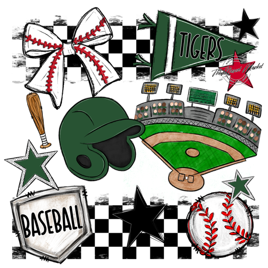 Tigers Checkers Baseball Spirit Design-Green