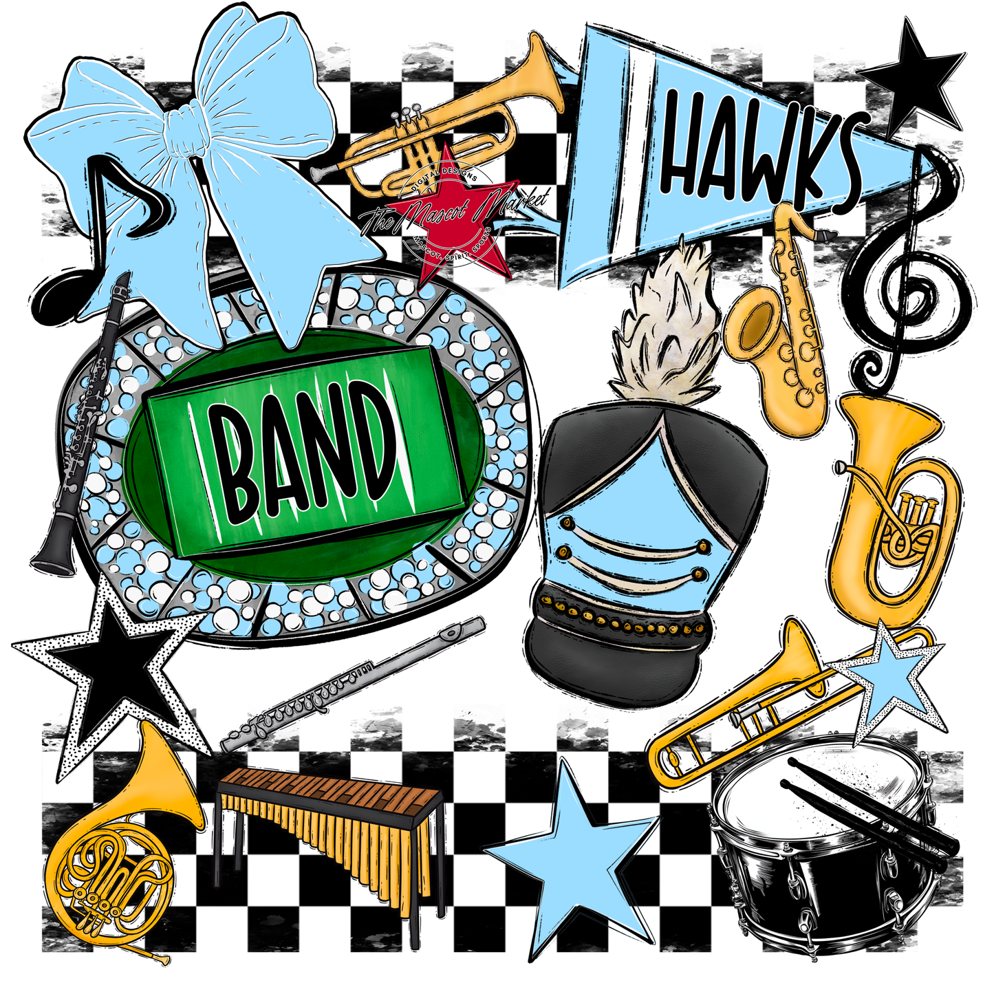 Hawks Checkers Band Spirit Design-Columbia Blue