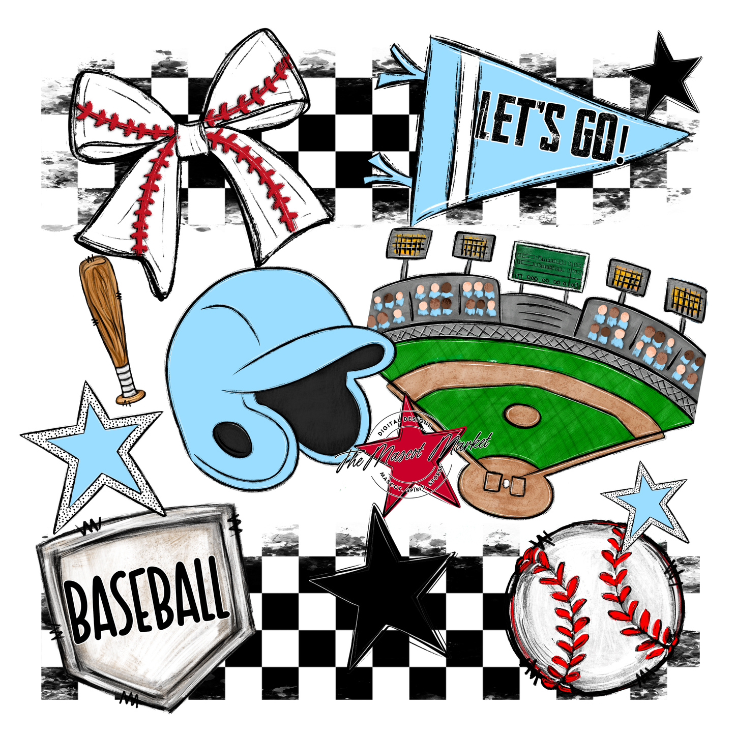 Baseball Checkers Spirit Design-Columbia Blue