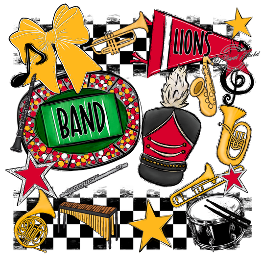 Lions Checkers Band Spirit Design-Red-Yellow