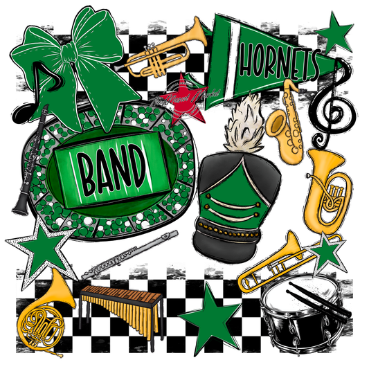Hornets Checkers Band Spirit Design-Kelly Green
