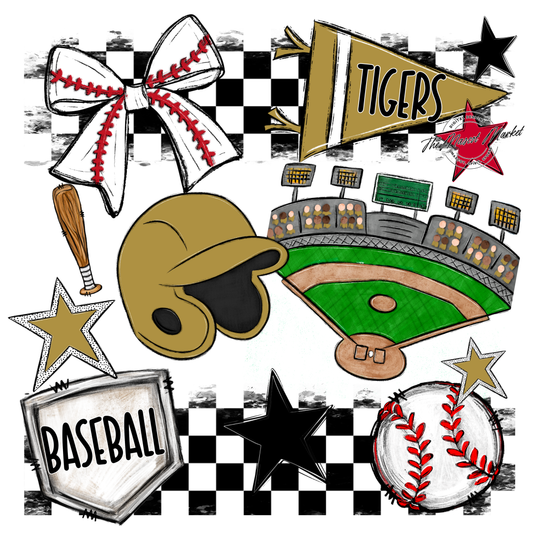 Tigers Checkers Baseball Spirit Design-Gold