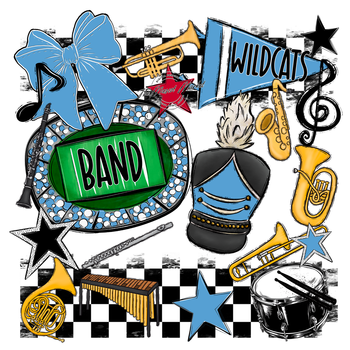 Wildcats Checkers Band Spirit Design-Carolina Blue