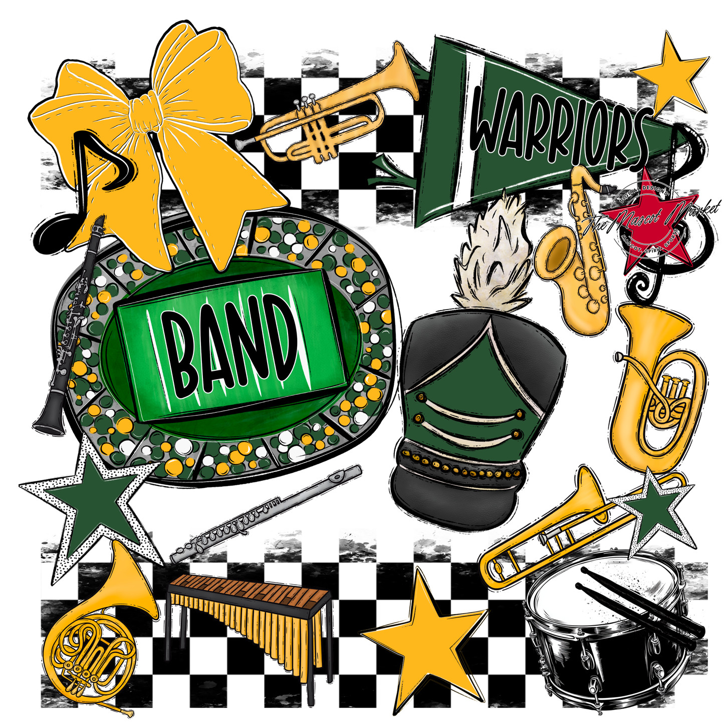 Warriors Checkers Band Spirit Design-Green-Yellow