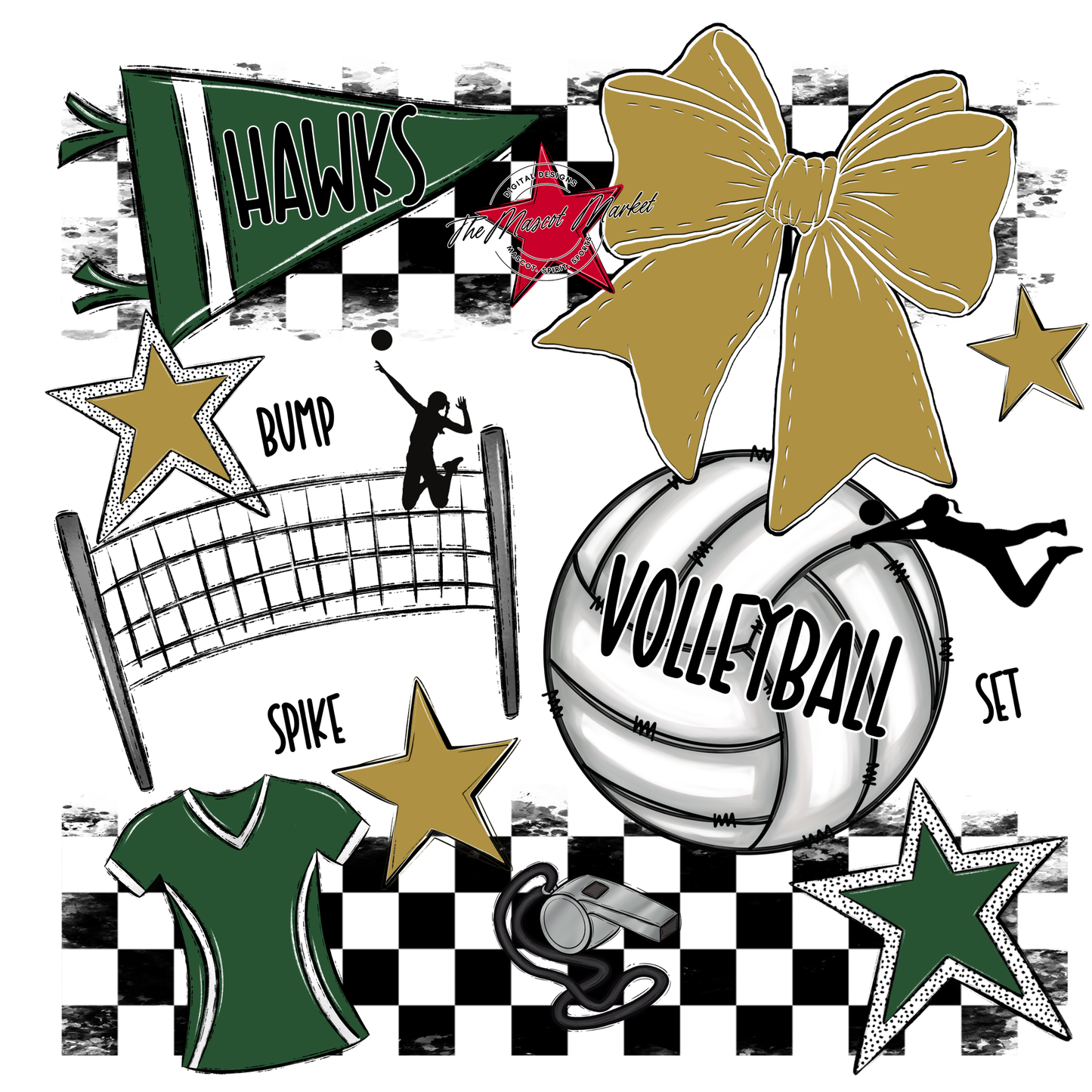 Hawks Checkers Volleyball Spirit Design-Green-Gold