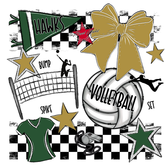 Hawks Checkers Volleyball Spirit Design-Green-Gold