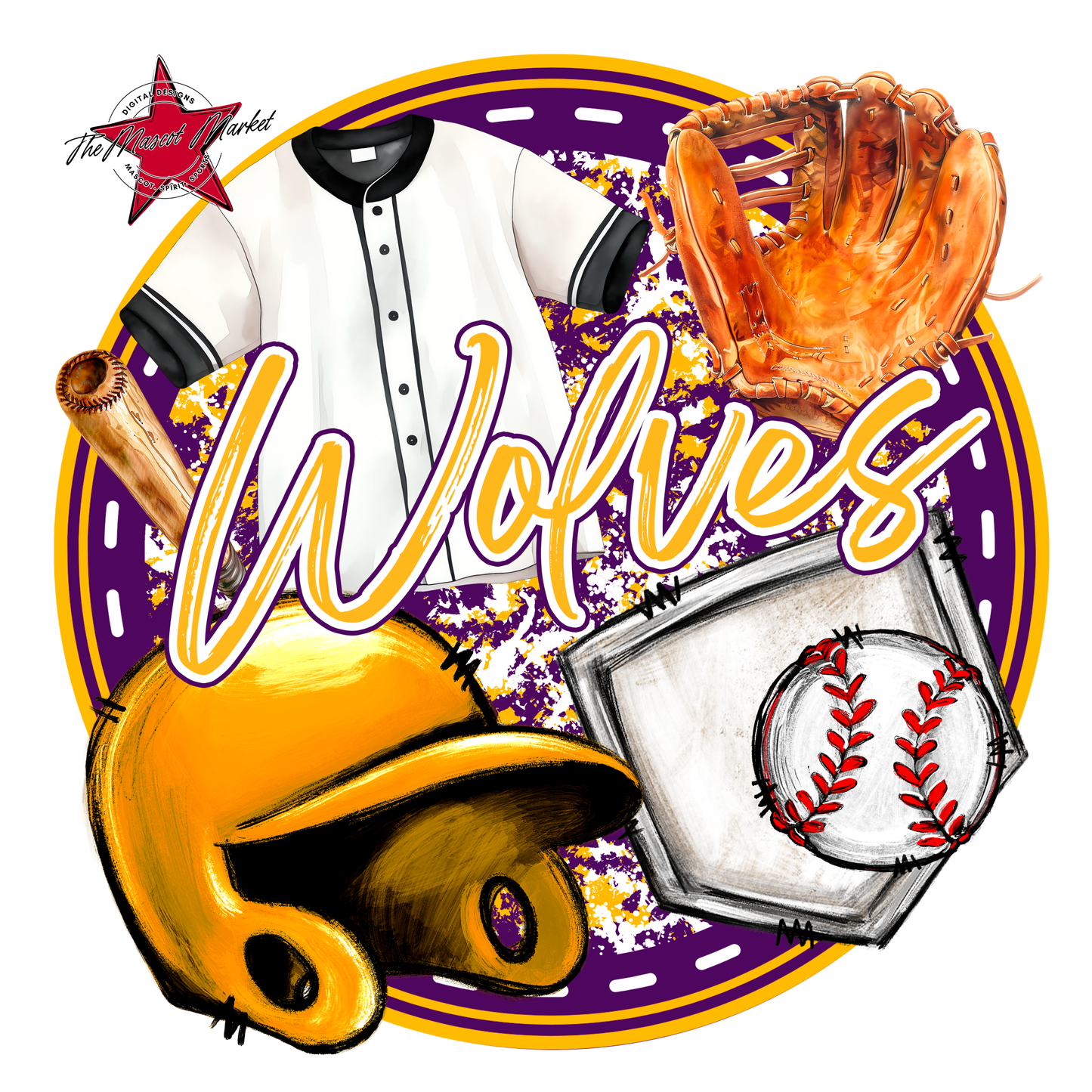 Wolves Circle Baseball Design-Purple-Yellow