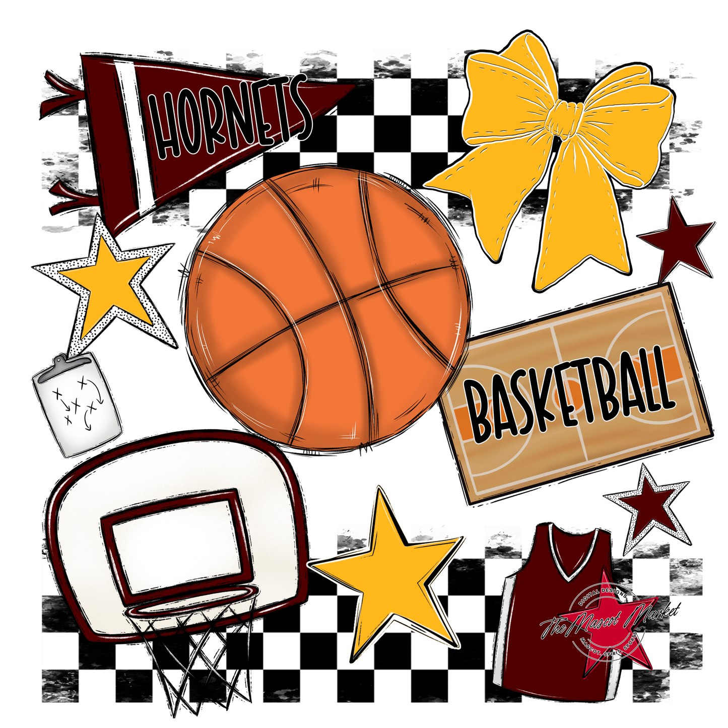 Hornets Checkers Basketball Spirit Design-Maroon-Yellow