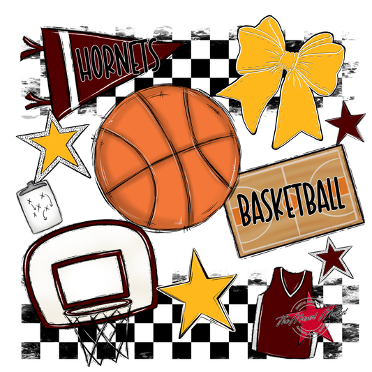 Hornets Checkers Basketball Spirit Design-Maroon-Yellow